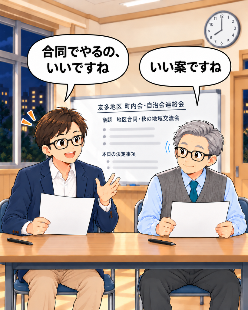 「友多地区の合同行事案について、会議資料を見ながら前向きに話し合う町尾会長と岡会計」