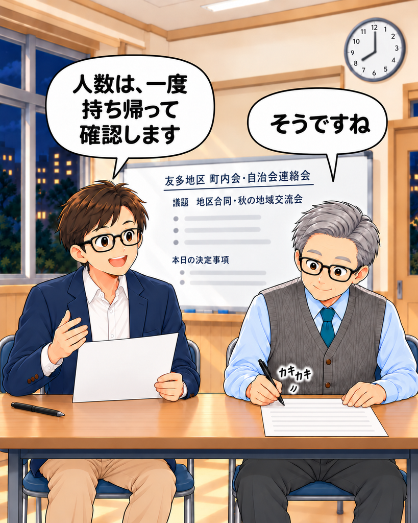 「参加人数についてその場では決めず、町内会へ持ち帰って確認することにした町尾会長と岡会計」