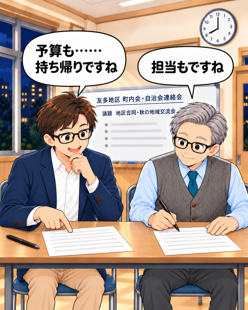 「参加人数に続いて予算や担当も持ち帰りとなり、会議資料に確認事項が増えていく様子」