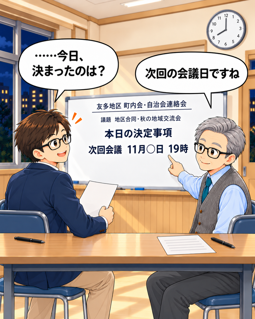 「多くの議題が持ち越され、その日の決定事項が次回の会議日だけだったと気づく町尾会長と岡会計」