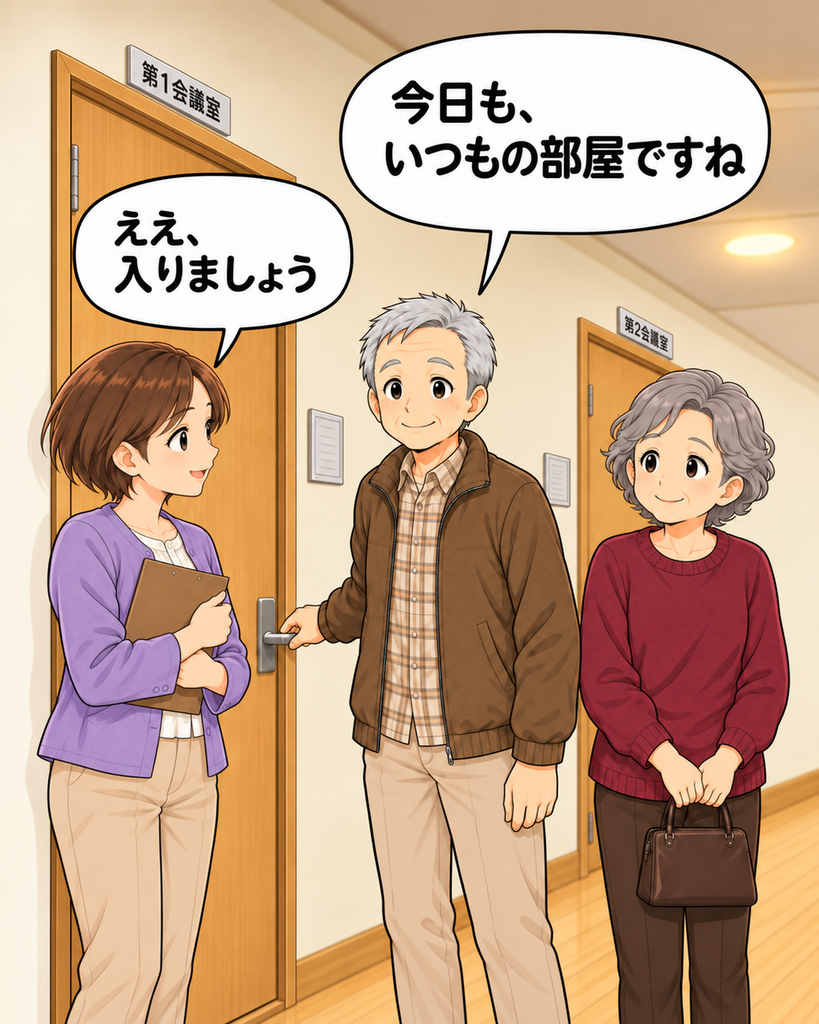 「会合に来た筆垣さんと古里夫婦。語郎さんが「今日もいつもの部屋」と、会議室の扉に手を伸ばす。」