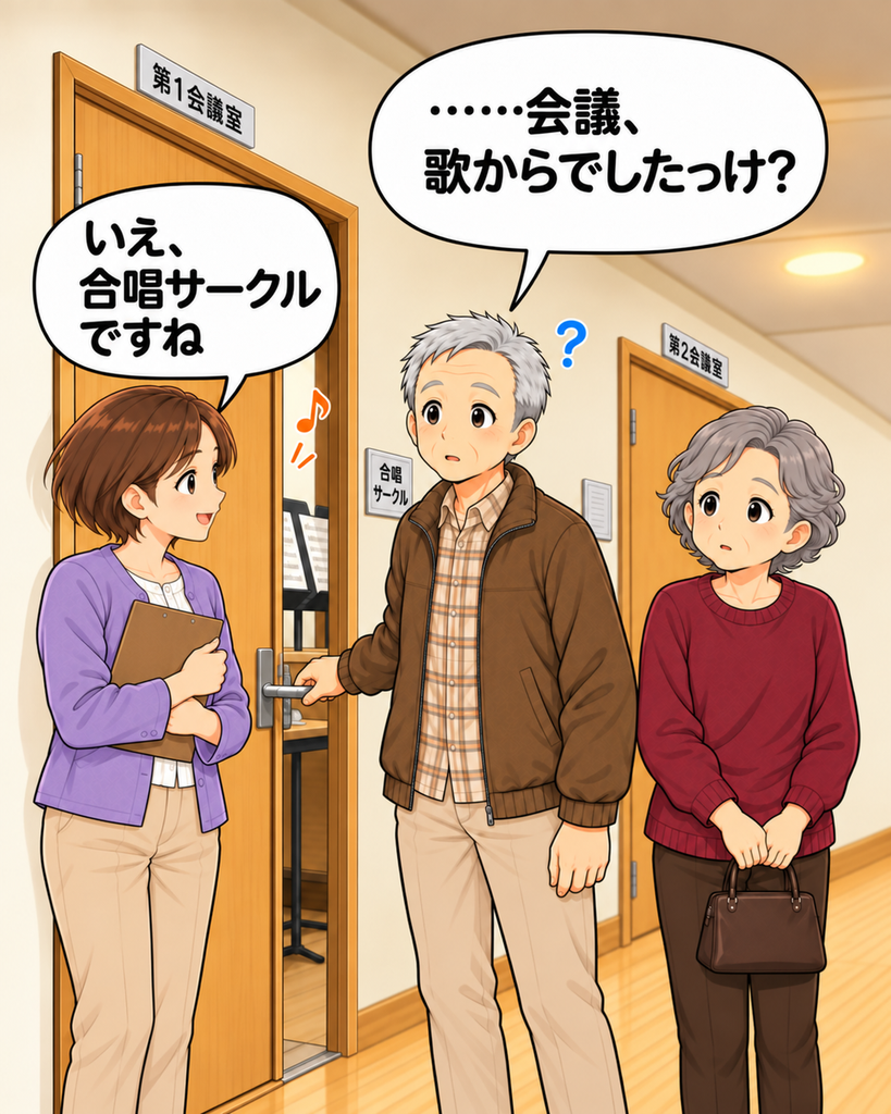 「扉を少し開けると歌声と譜面台。会議だと思った語郎さんに、筆垣さんが合唱サークルの利用中だと伝える。」