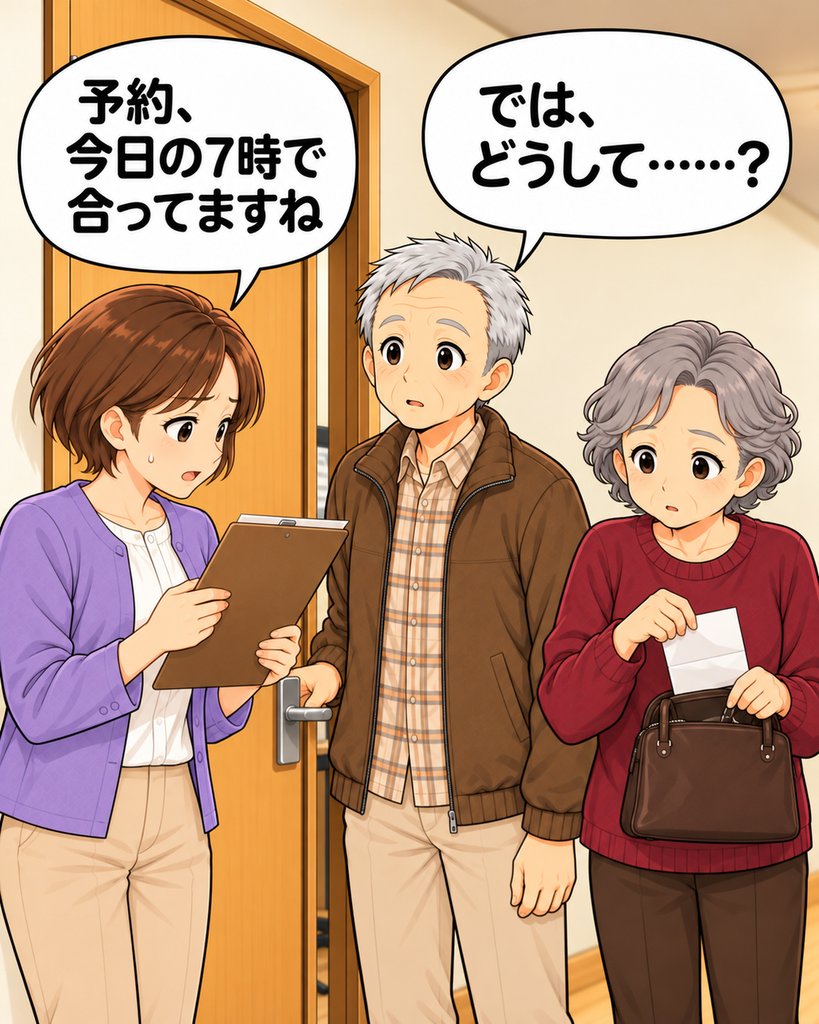 「予約控えを見直す筆垣さん。日時は今日の午後7時で合っており、知恵さんもバッグから会合案内を取り出す。」