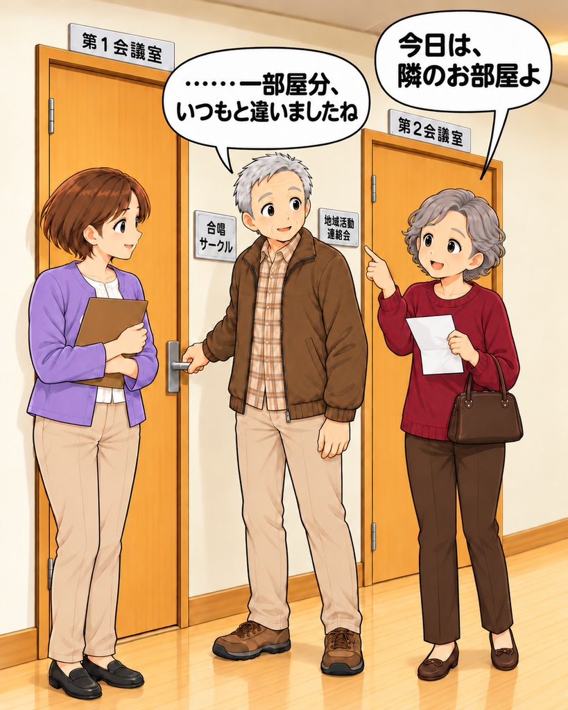 「知恵さんが、会合は隣の第2会議室だと案内を示す。すぐ横の正しい部屋に気づき、筆垣さんと語郎さんが苦笑い。」