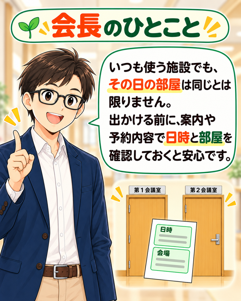 「町尾会長のひとこと。いつも使う施設でも、その日の案内や予約内容で、利用する日時と部屋を確認すると安心。」