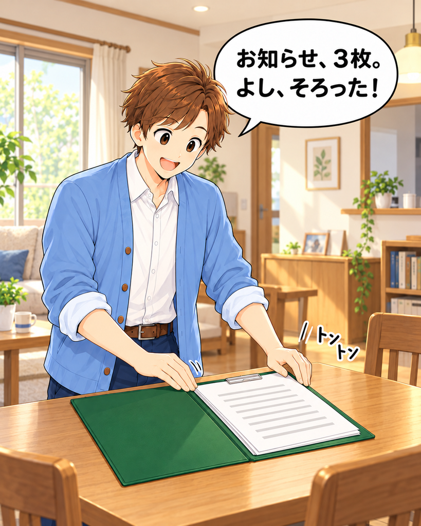 「班野さんが自宅前で3枚のお知らせをそろえ、町内会の回覧板に留めて準備している」