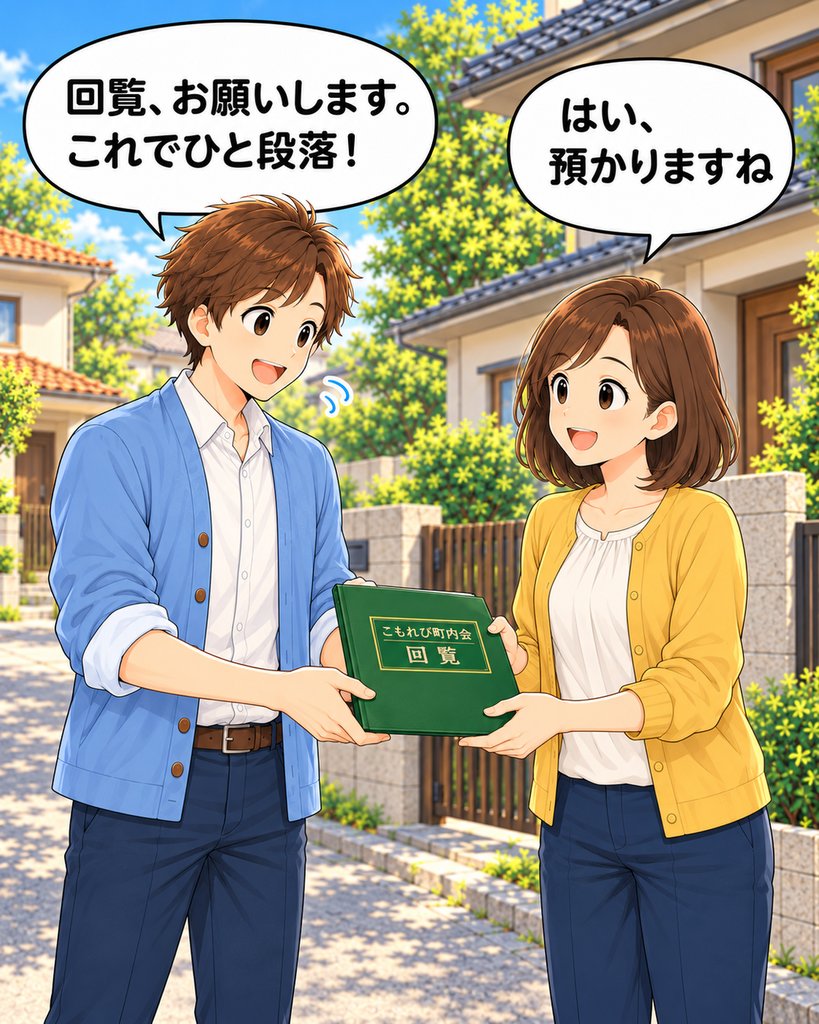 「班野さんが準備した回覧板を磯賀さんへ渡し、ひと仕事終えたようにほっとしている」