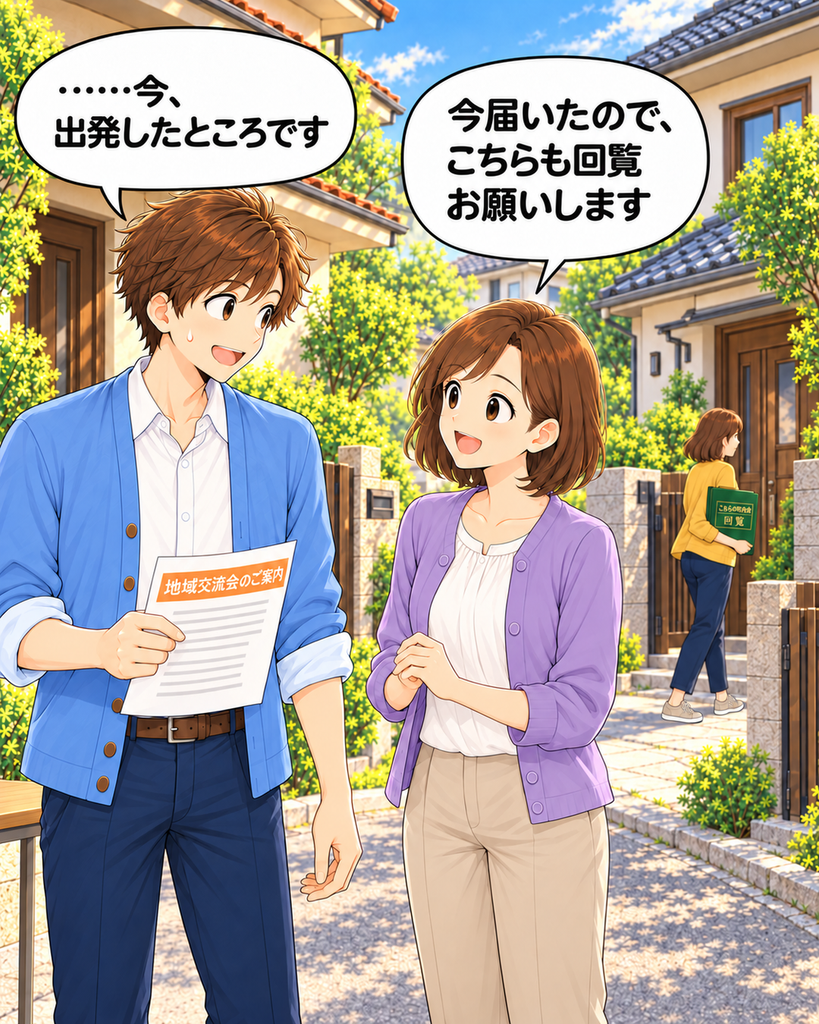 「追加の回覧資料を受け取った班野さんが、すぐ先を進む回覧板を見て苦笑いしている」
