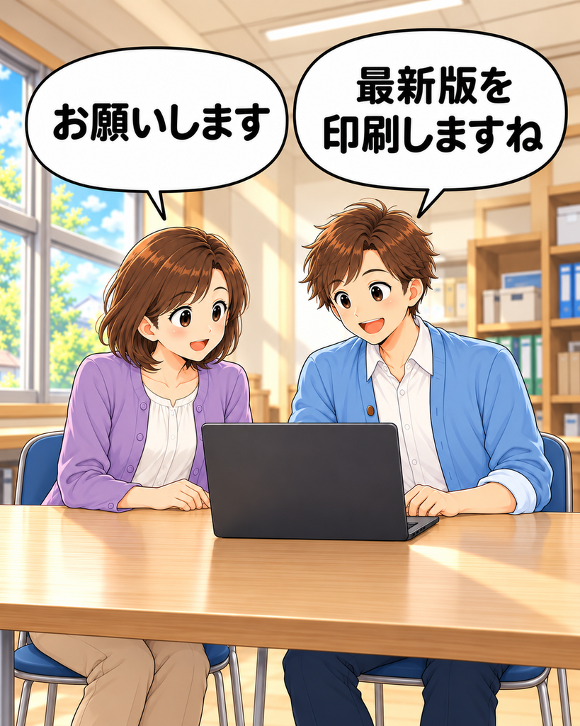 「集会所で筆垣さんと作業する班野さんが、行事案内の最新版を印刷しようとパソコンの共有フォルダを開く場面」
