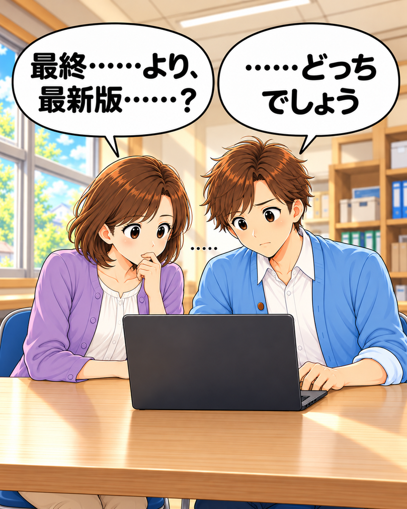 「パソコンをのぞき込んだ筆垣さんも『最終』と『最新版』のどちらを選ぶか迷い、班野さんと一緒に手が止まる場面」
