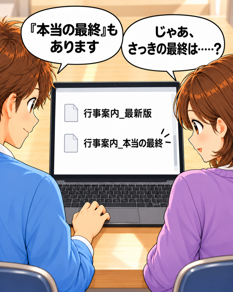 「一覧を下へ動かすと『本当の最終』も見つかり、それまでの『最終』は何だったのかと二人が苦笑いする場面」
