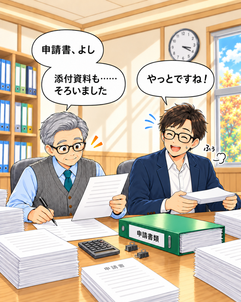 「こもれび集会所で、岡会計と町尾会長が補助金の申請書と添付資料を一つずつ確認している。」