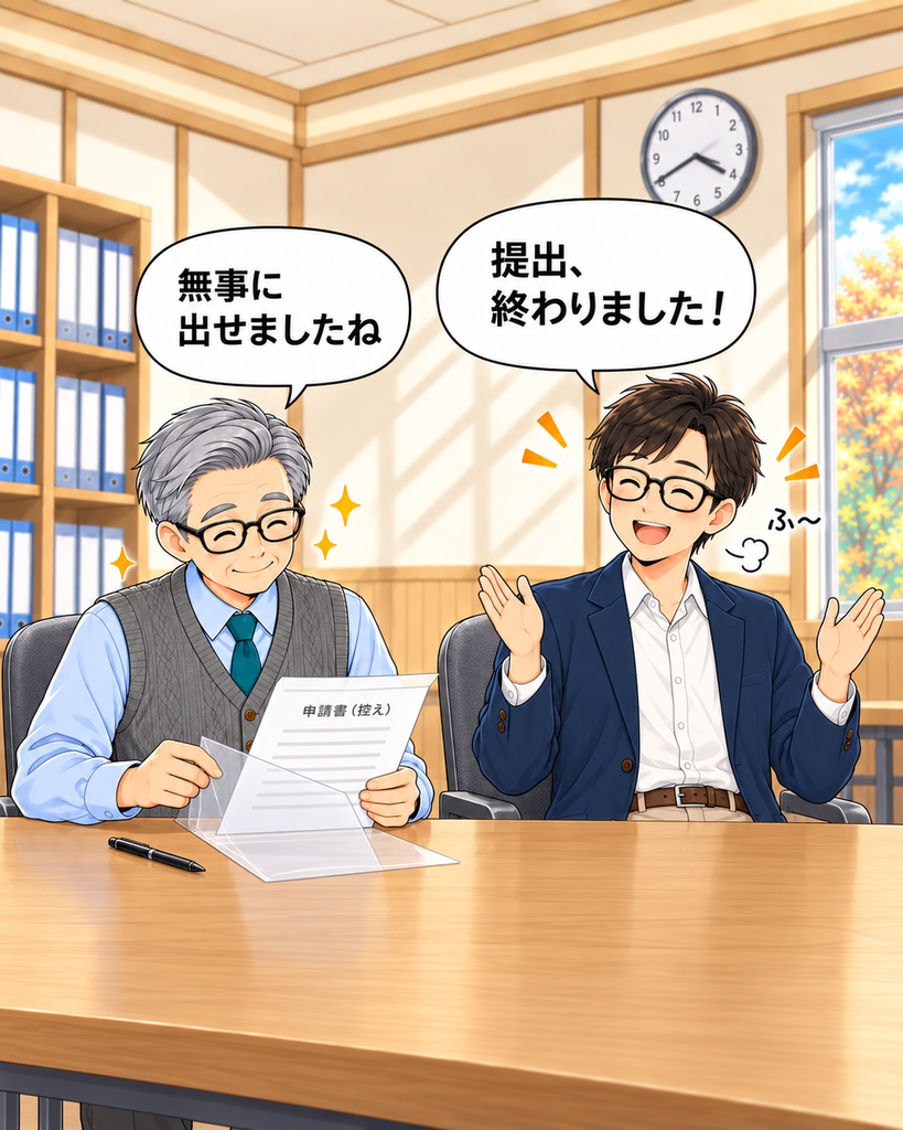 「申請書を無事に提出し、書類が片づいた机を前にほっとする岡会計と町尾会長。」