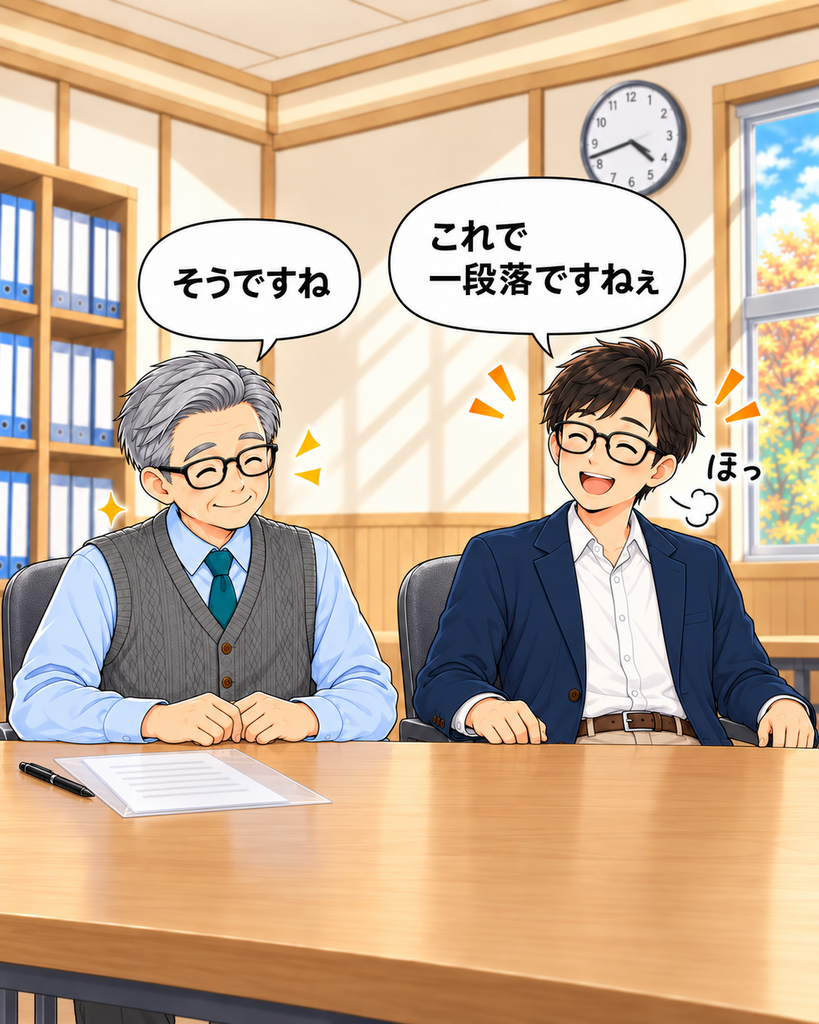 「提出後のすっきりした机を前に、これで一段落と安心する町尾会長と穏やかな岡会計。」