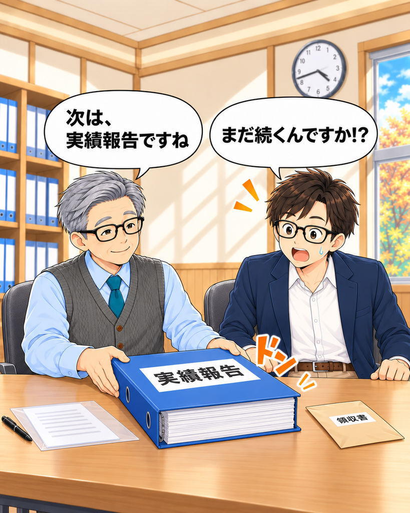 「岡会計が実績報告のファイルを机に置き、申請後にも次の手続きがあると知って驚く町尾会長。」