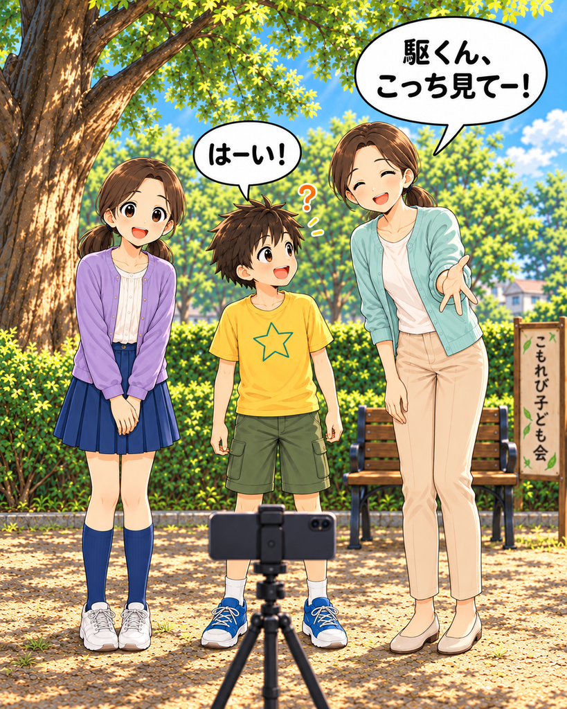 「子ども会の集合写真で、会長がカメラを見るよう声をかける中、遊田駆だけ別の方向を見ている」
