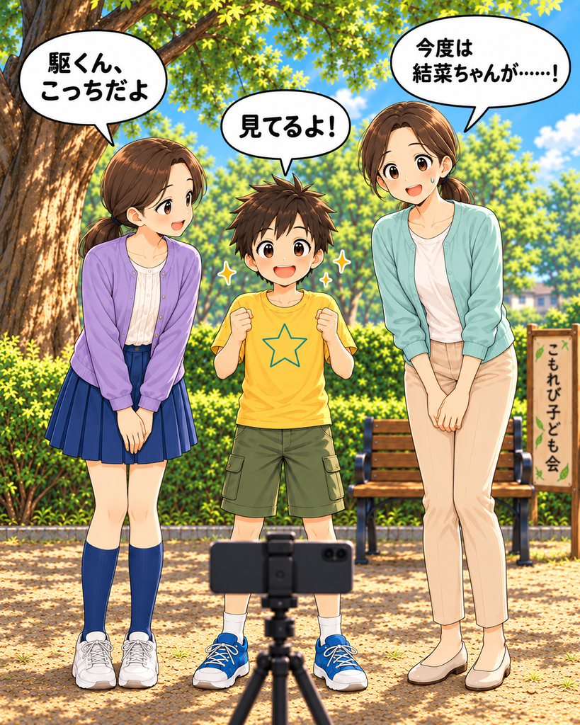 「遊田駆がカメラを向いた一方、世話木結菜が駆の様子を確認して横を向き、撮影がまたずれる」
