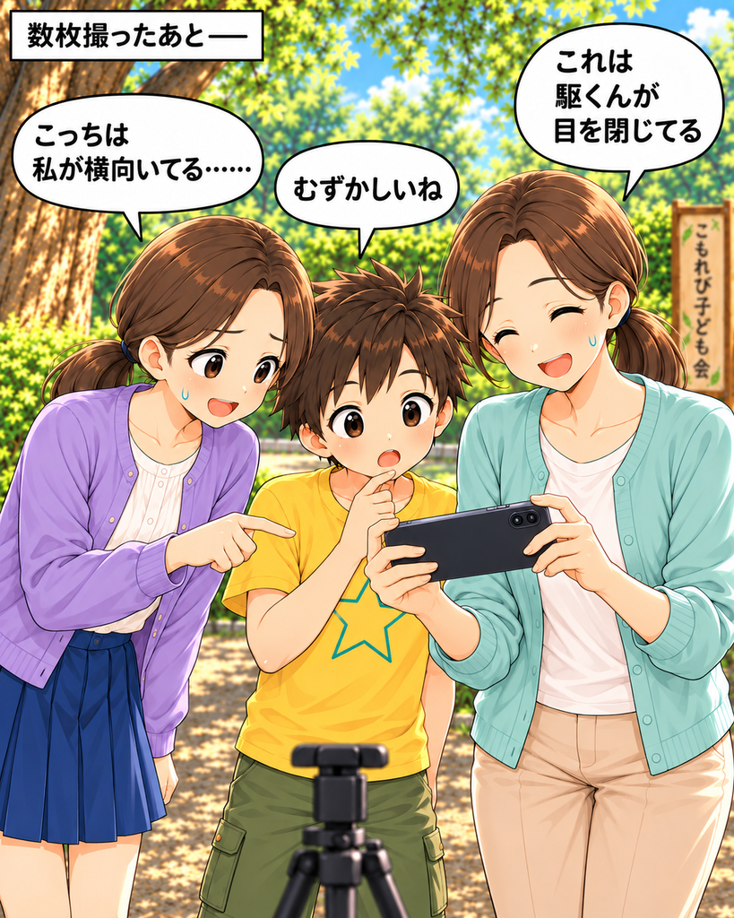 「何枚か撮った集合写真を3人で確認し、目を閉じたり横を向いたりした惜しい写真を見比べる」
