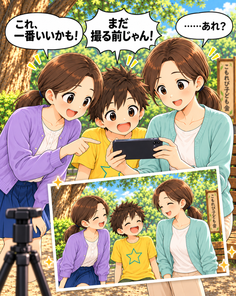 「撮影前に偶然撮れていた自然な笑顔の写真が一番よく、3人で思わず笑う」
